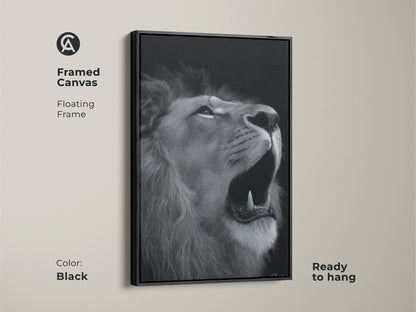 Photorealistic lion canvas in a sleek black floating frame. This framed monochrome wildlife art is ready to hang. Its a contemporary black and white animal artwork. A sophisticated piece perfect for modern home decor or a gift for animal lover. Captivating lion art.