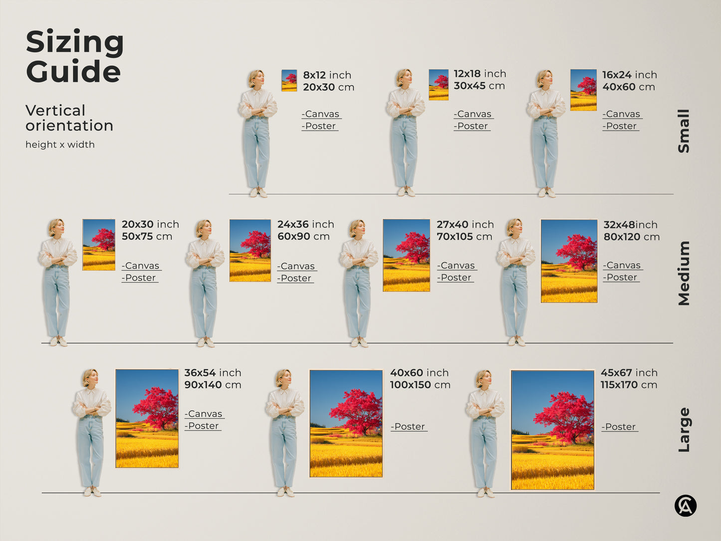 Sizing guide illustrating vertical orientation options for the red tree and yellow rice field artwork. Sizes range from small to large. Available in canvas and poster prints this guide helps visualize the perfect fit for your space ensuring an ideal eclectic home decor piece.