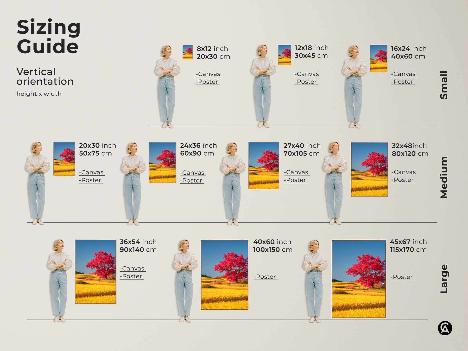 Sizing guide illustrating vertical orientation options for the red tree and yellow rice field artwork. Sizes range from small to large. Available in canvas and poster prints this guide helps visualize the perfect fit for your space ensuring an ideal eclectic home decor piece.