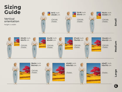 Sizing guide illustrating vertical orientation options for the red tree and yellow rice field artwork. Sizes range from small to large. Available in canvas and poster prints this guide helps visualize the perfect fit for your space ensuring an ideal eclectic home decor piece.