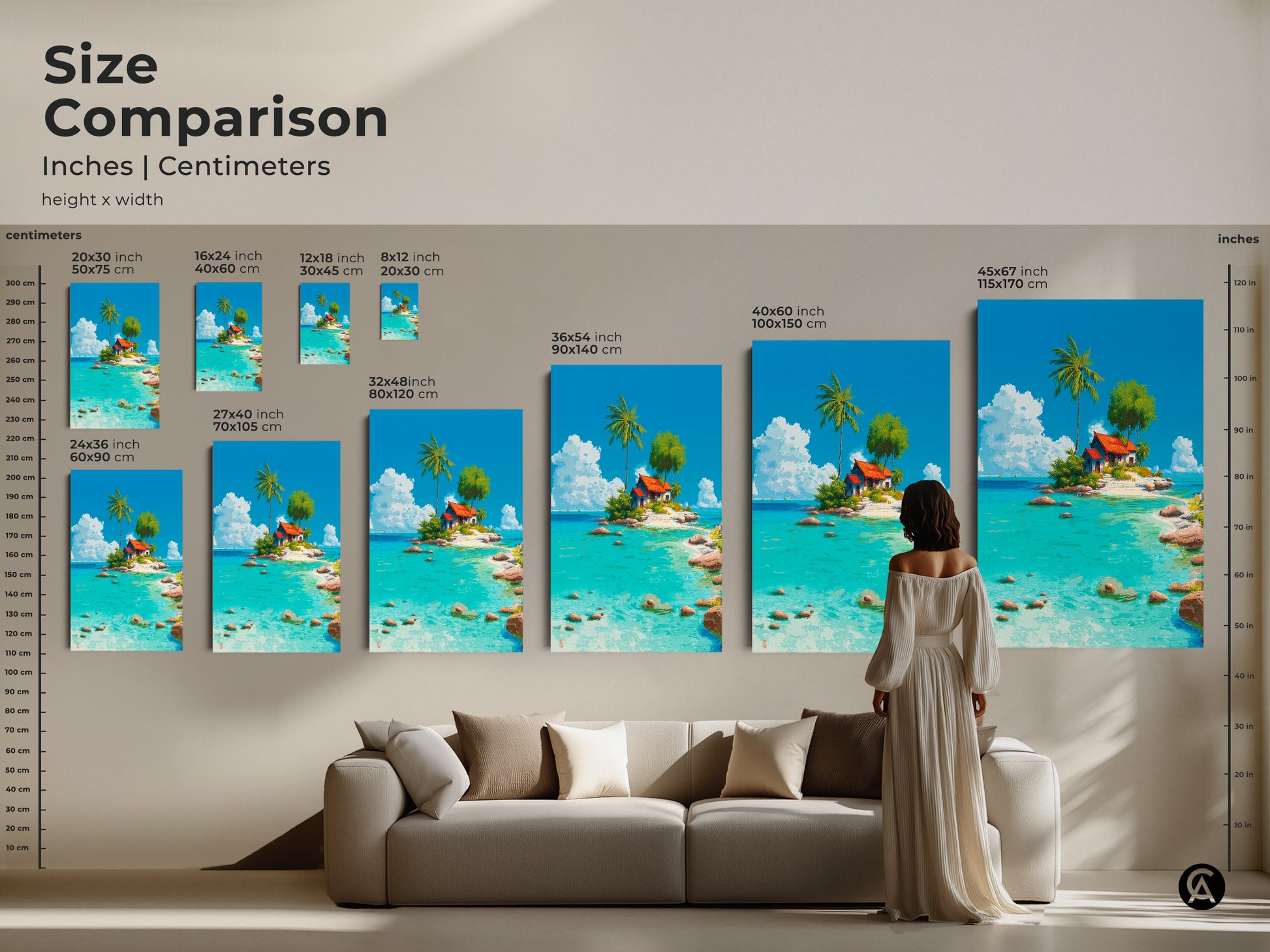 Size comparison of tropical island art prints in inches and centimeters. See how different sizes of canvas and posters look in a living room setting. From small to large find the perfect scale for your space. Choose the ideal size to bring this island paradise to life.