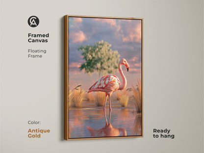 Framed canvas featuring a photorealistic flamingo in a savanna landscape. Antique gold floating frame enhances the pink teal orange boho artwork. Ready to hang this bird lover gift adds elegance. It's a unique animal print for wall decor.