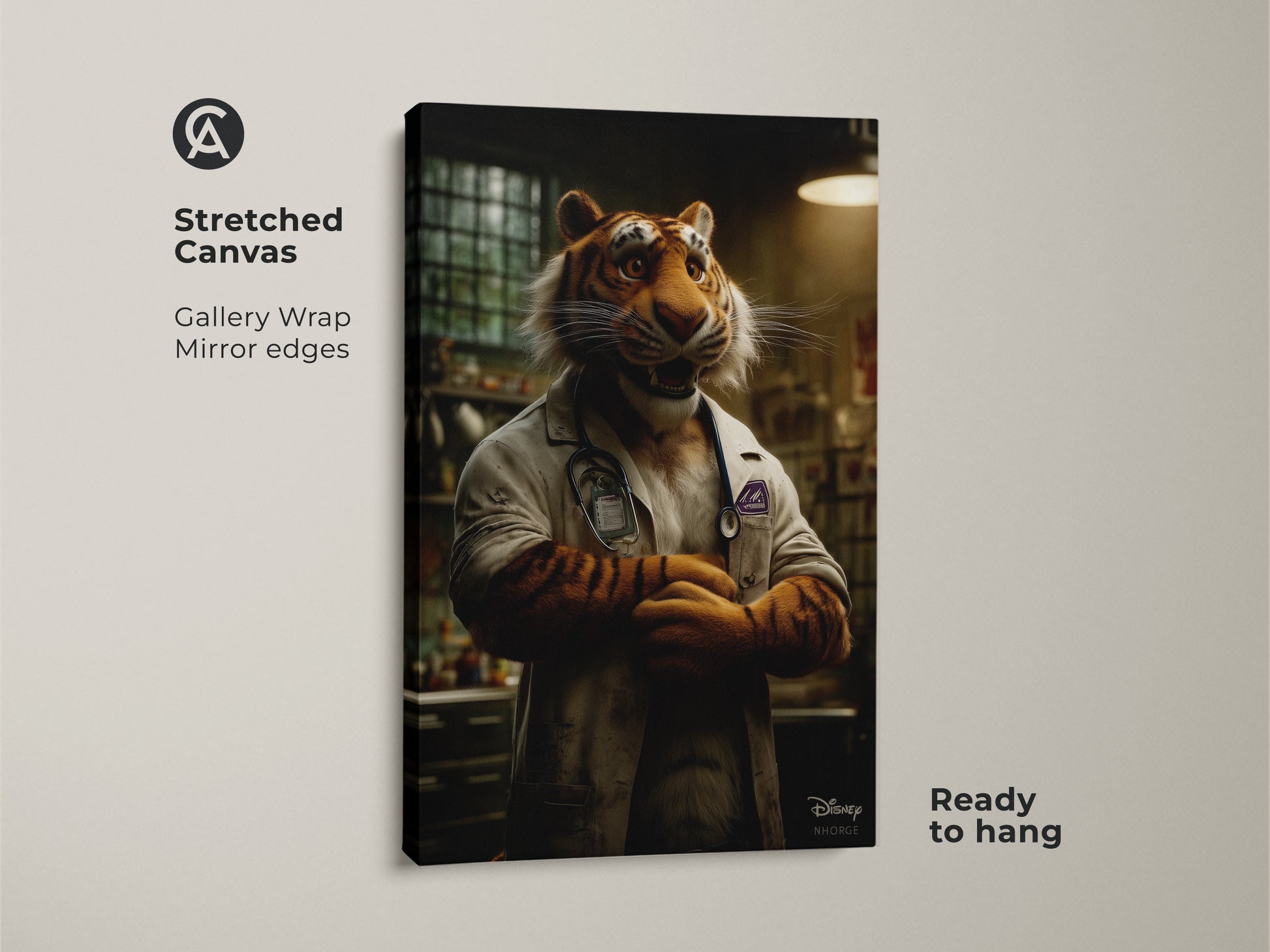 A stretched canvas artwork featuring a tiger doctor. The gallery wrap and mirror edges add a modern touch. This ready-to-hang piece is a fun addition to any room. It combines animal themes with medical attire in a playful way.