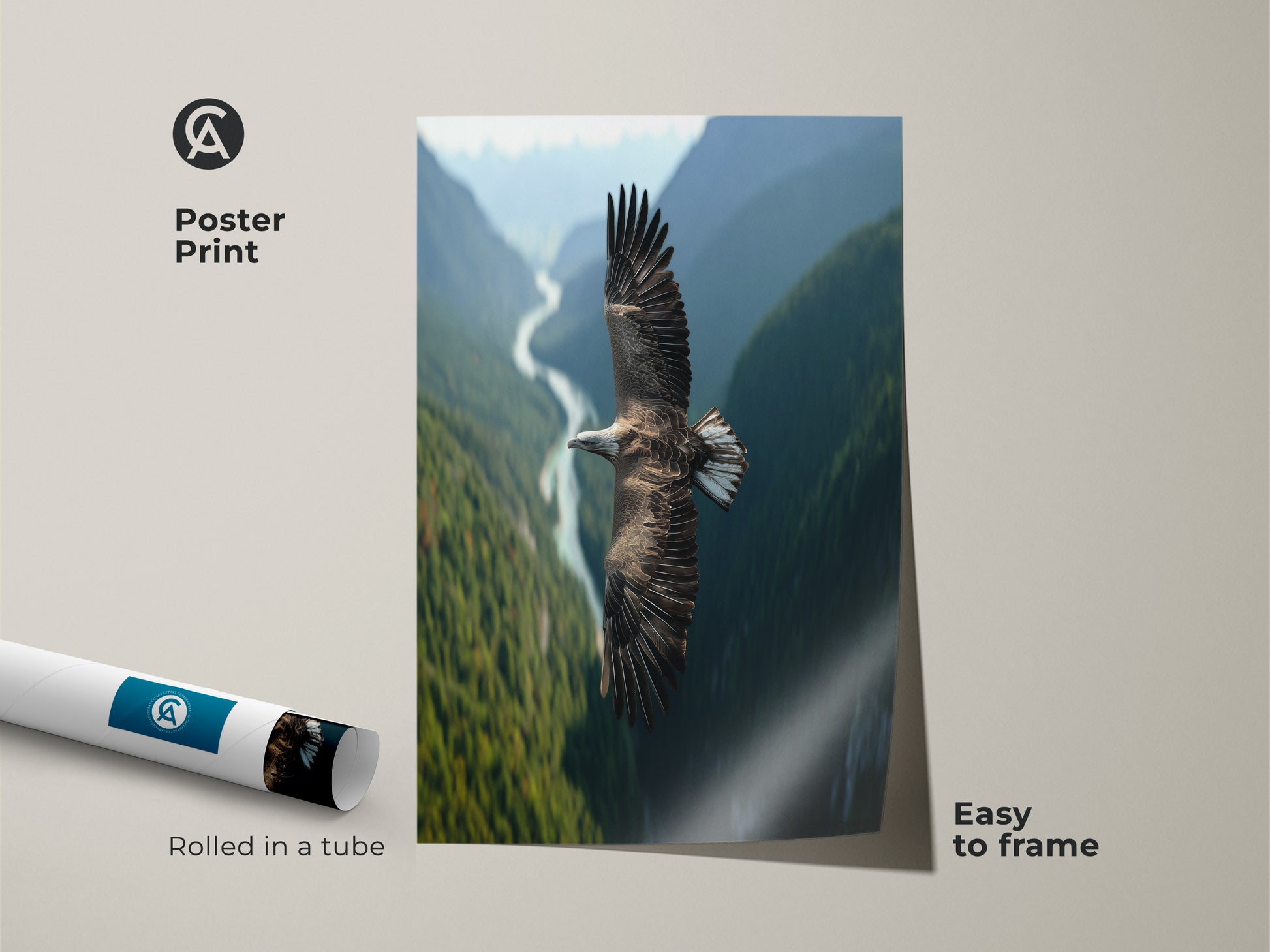 Wildlife photography poster print showcasing an eagle soaring above a valley. This rustic nature landscape wall art is easy to frame. The bird artwork captures the essence of the wild. This avian decor is perfect for nature lovers. Great as a bird watcher gift. Rolled in a tube for protection. Add natural beauty to any space.
