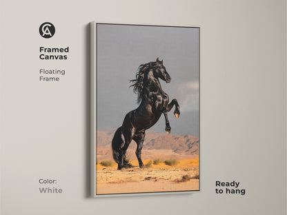 Framed canvas featuring a rearing black horse. The white floating frame gives a modern touch. Ready to hang. Perfect for equestrian art lovers or as a bold statement piece. Ideal for contemporary living rooms or ranch style decor.