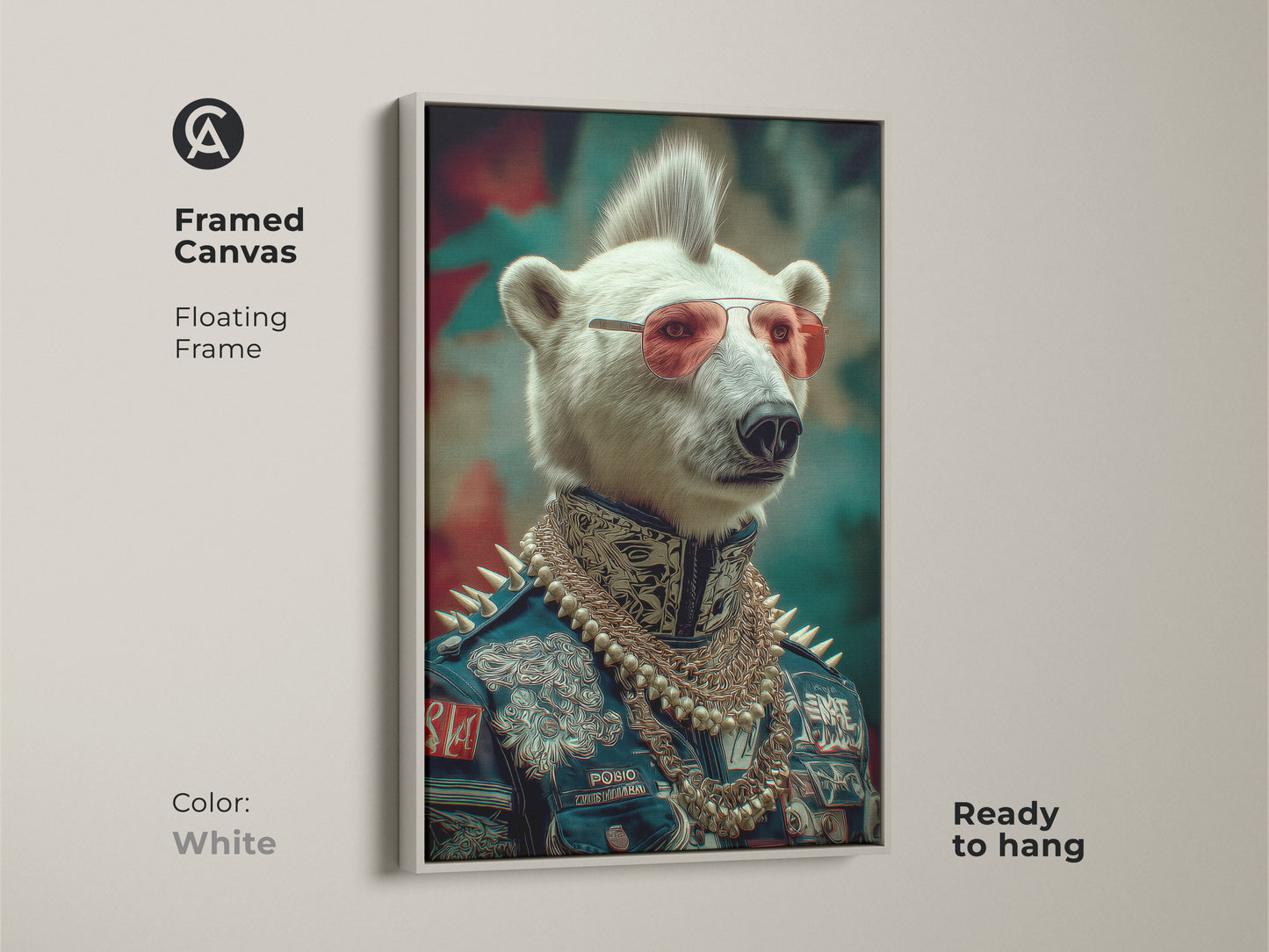 A polar bear punk rocker is displayed on this canvas. Framed in white the navy red teal artwork is visible. The fantasy portrait with an eclectic style is ready to hang. This is unique animal themed art.