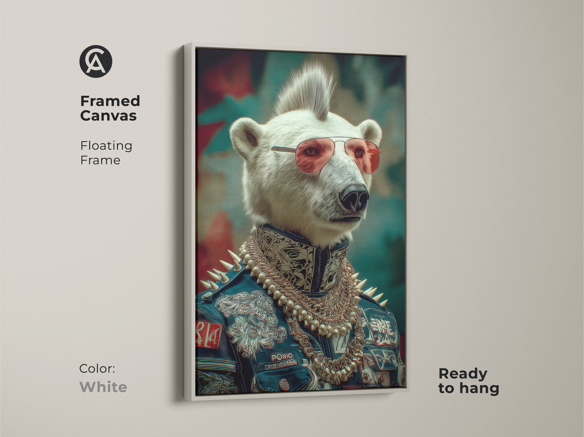 A polar bear punk rocker is displayed on this canvas. Framed in white the navy red teal artwork is visible. The fantasy portrait with an eclectic style is ready to hang. This is unique animal themed art.