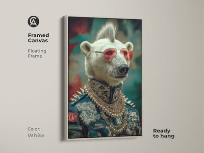A polar bear punk rocker is displayed on this canvas. Framed in white the navy red teal artwork is visible. The fantasy portrait with an eclectic style is ready to hang. This is unique animal themed art.