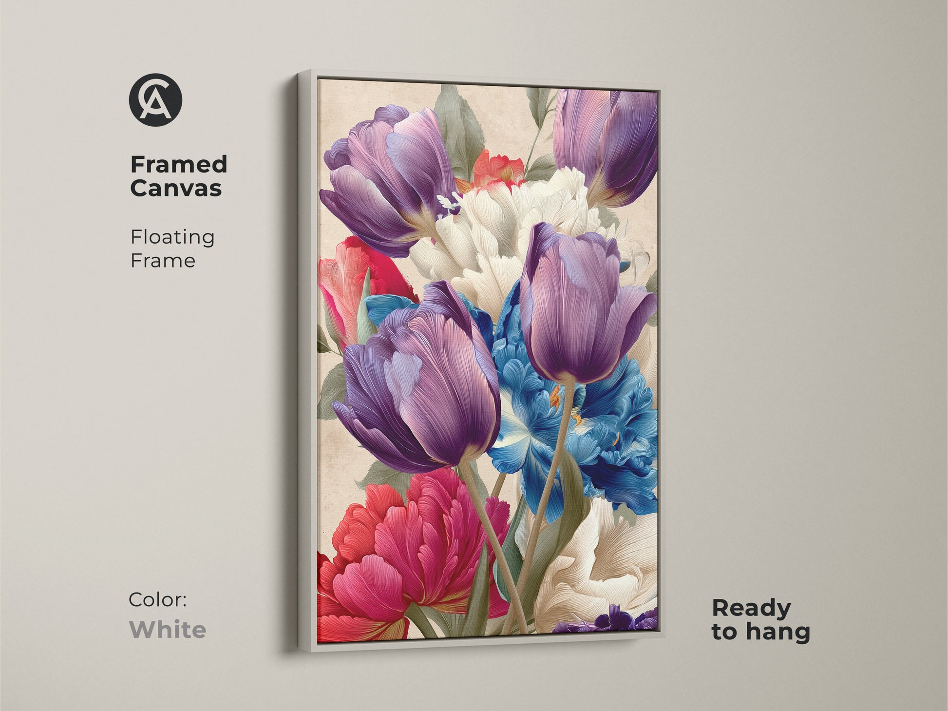 Framed canvas with a floating white frame showcasing purple tulips and blue peonies. The colorful floral poster is perfect as a housewarming gift. Enhance your entryway or bedroom decor with this artistic floral bouquet.