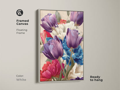 Framed canvas with a floating white frame showcasing purple tulips and blue peonies. The colorful floral poster is perfect as a housewarming gift. Enhance your entryway or bedroom decor with this artistic floral bouquet.