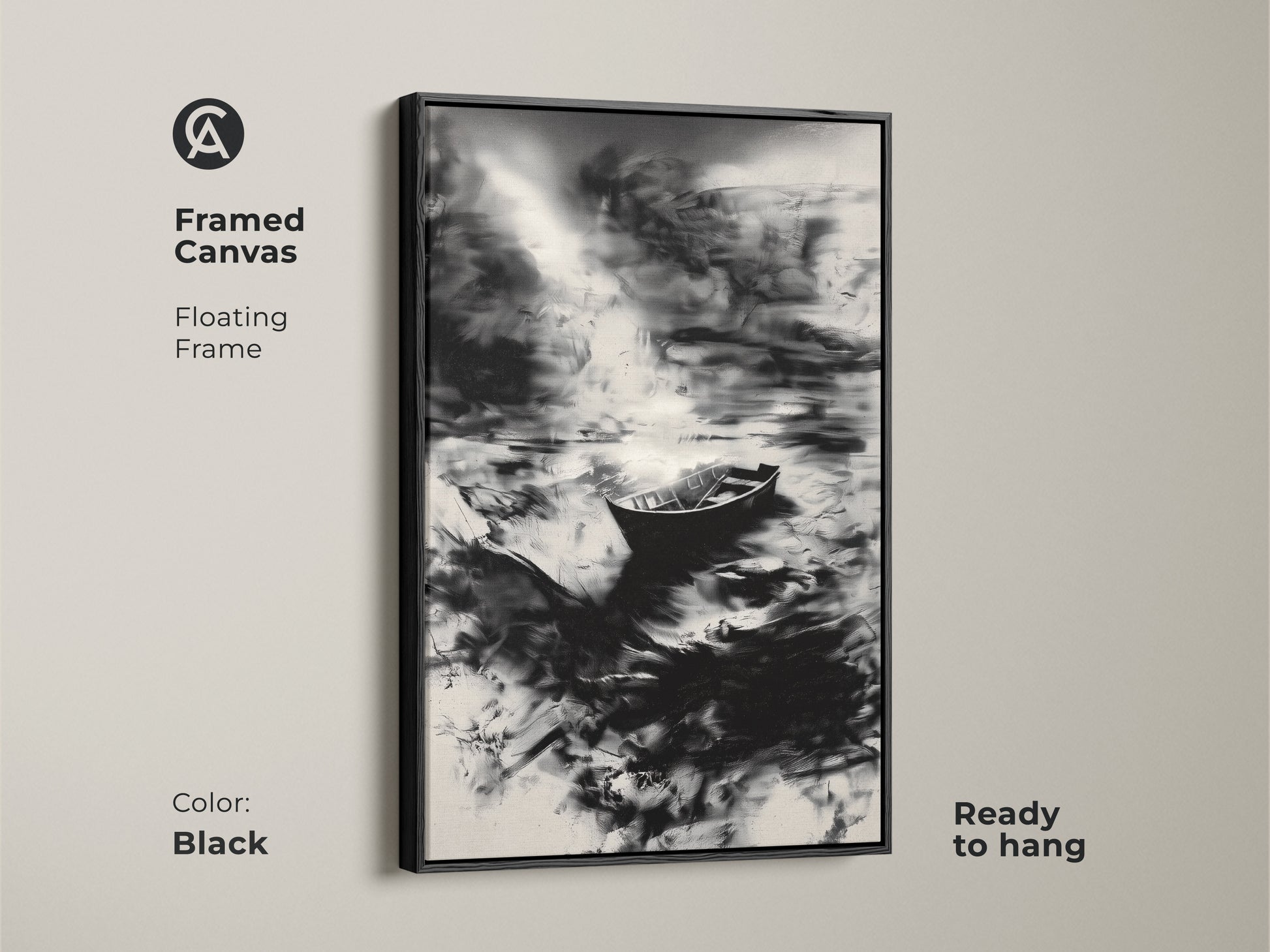 The framed canvas presents a minimalist boat abstract scene. The monochrome nature art is perfect for adding sophistication to a bedroom or office. The black floating frame enhances the black and white artwork. Ready to hang. An ideal gift for those who appreciate abstract ocean scenes.
