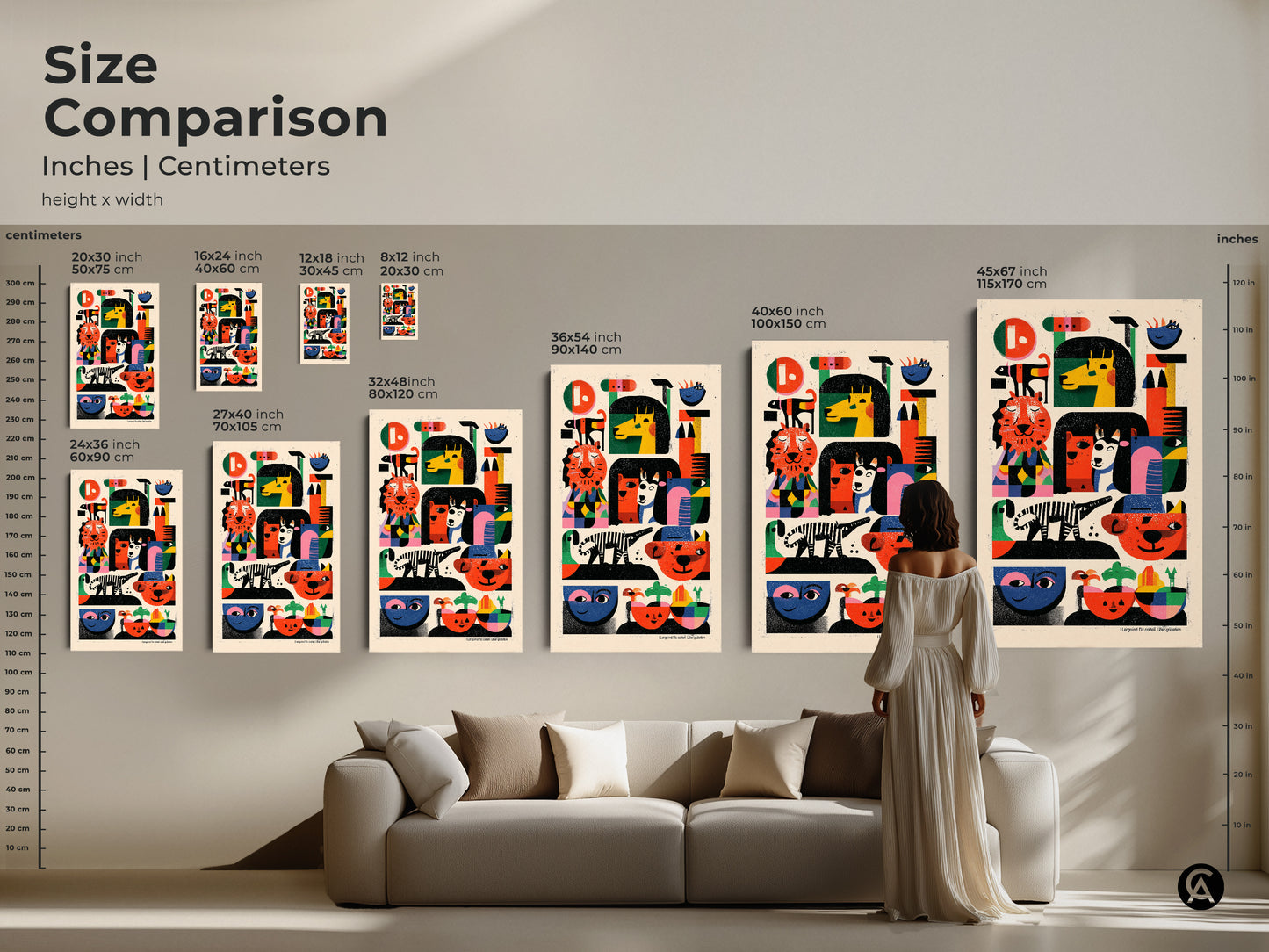 Size comparison of folk art animal prints in inches and centimeters. Perfect for visualizing the scale in your space. Mid-century modern abstract art for kids room decor and eclectic homes.