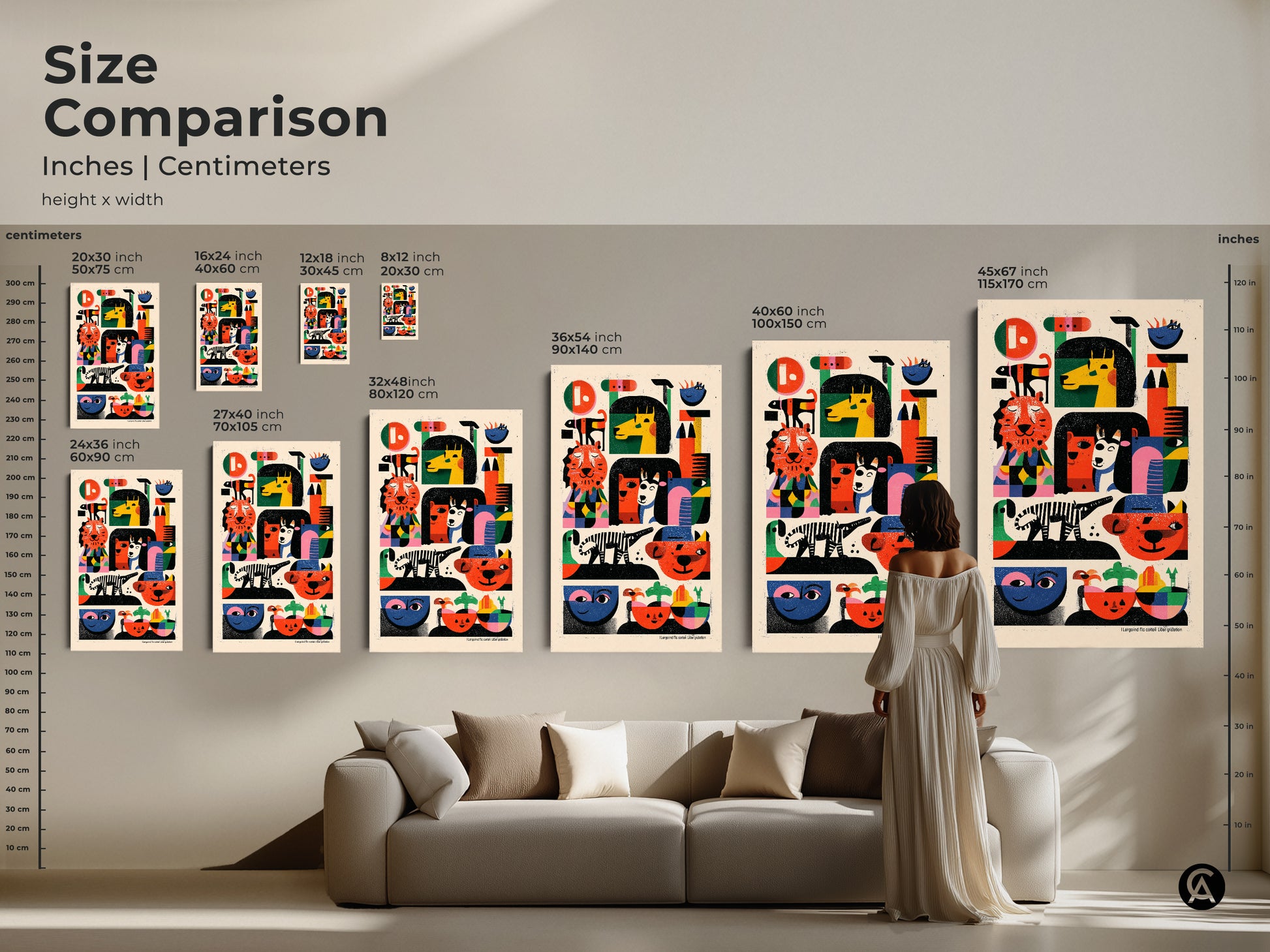 Size comparison of folk art animal prints in inches and centimeters. Perfect for visualizing the scale in your space. Mid-century modern abstract art for kids room decor and eclectic homes.