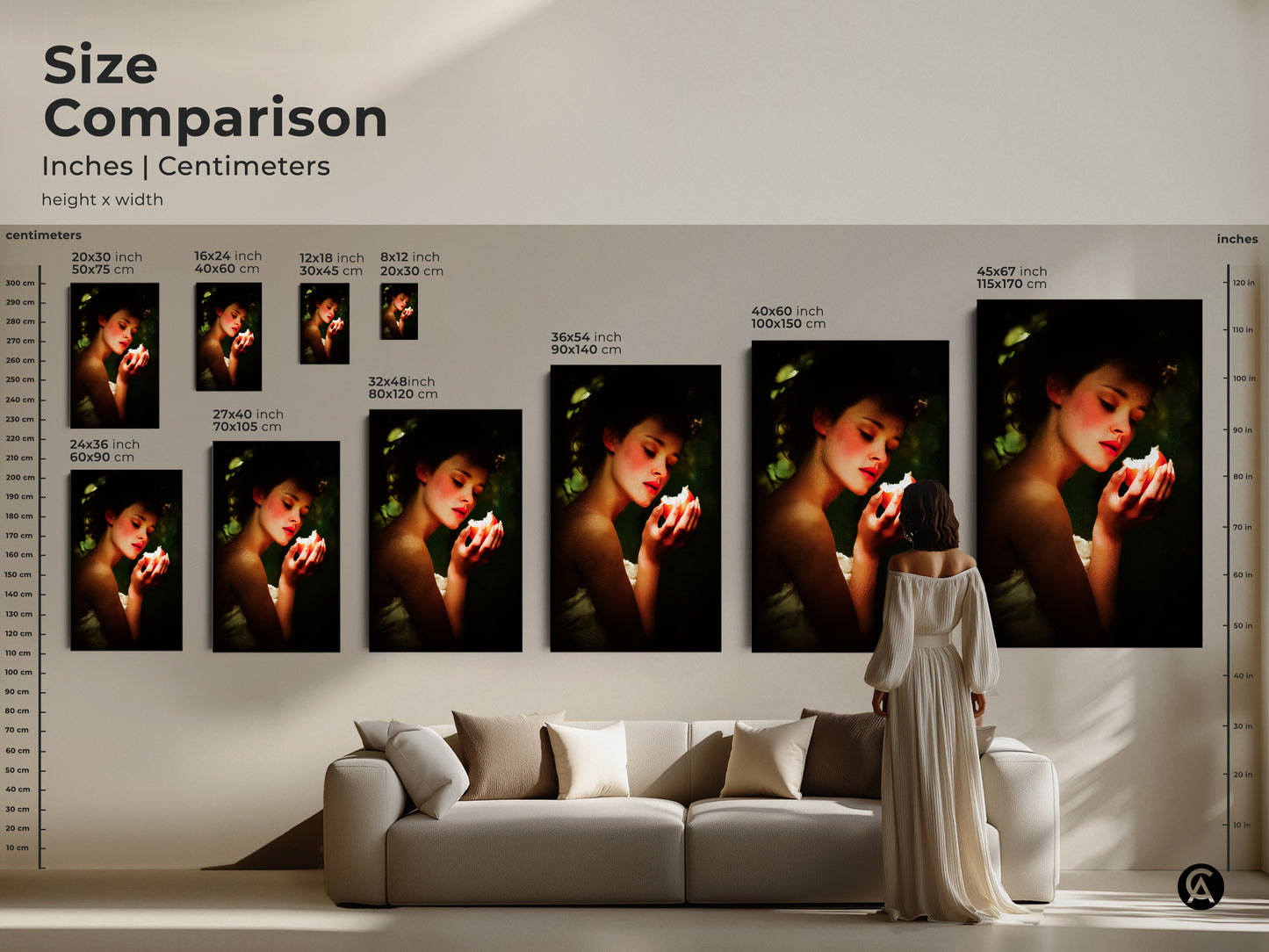 Size comparison of Renaissance woman portrait art on a wall. The artwork displays a woman with peach and green apple. Shows sizes in inches and centimeters. This classic still life wall art is ideal as eclectic bedroom decor. An excellent gift for art lovers anniversary.
