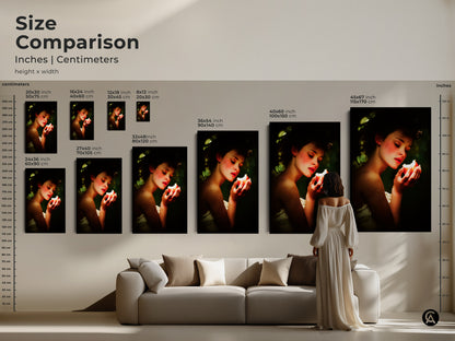 Size comparison of Renaissance woman portrait art on a wall. The artwork displays a woman with peach and green apple. Shows sizes in inches and centimeters. This classic still life wall art is ideal as eclectic bedroom decor. An excellent gift for art lovers anniversary.