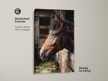 Stretched canvas print featuring a horse in a barn. The gallery-wrapped canvas has mirror edges and is ready to hang. This art piece captures the beauty of rural life and equine grace.