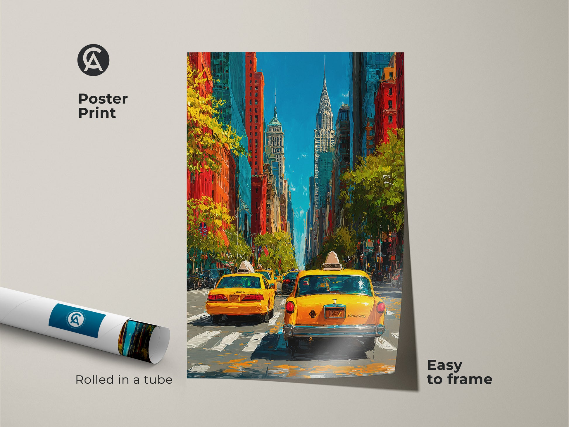 Close up of a geometric abstract canvas print. The artwork features a color splash with orange blue and teal tones. Contemporary shapes make it ideal as modern office decor or an inspiring home office piece.