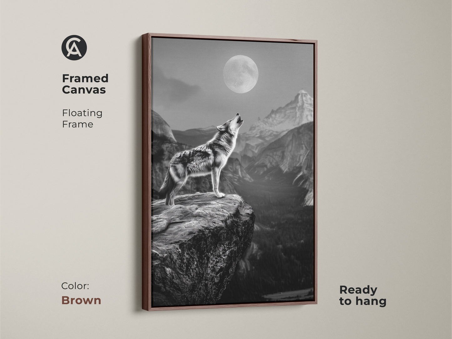 This is a rustic wolf canvas art in a brown framed canvas. The floating frame enhances the moonlit mountain landscape. This wildlife animal art is ready to hang. Ideal as lodge style wall decor or art for a rustic home. Appreciate the natural beauty of this animal landscape print.