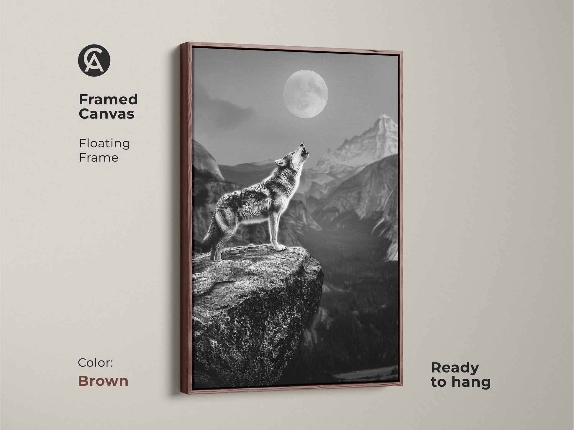 This is a rustic wolf canvas art in a brown framed canvas. The floating frame enhances the moonlit mountain landscape. This wildlife animal art is ready to hang. Ideal as lodge style wall decor or art for a rustic home. Appreciate the natural beauty of this animal landscape print.