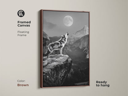 This is a rustic wolf canvas art in a brown framed canvas. The floating frame enhances the moonlit mountain landscape. This wildlife animal art is ready to hang. Ideal as lodge style wall decor or art for a rustic home. Appreciate the natural beauty of this animal landscape print.