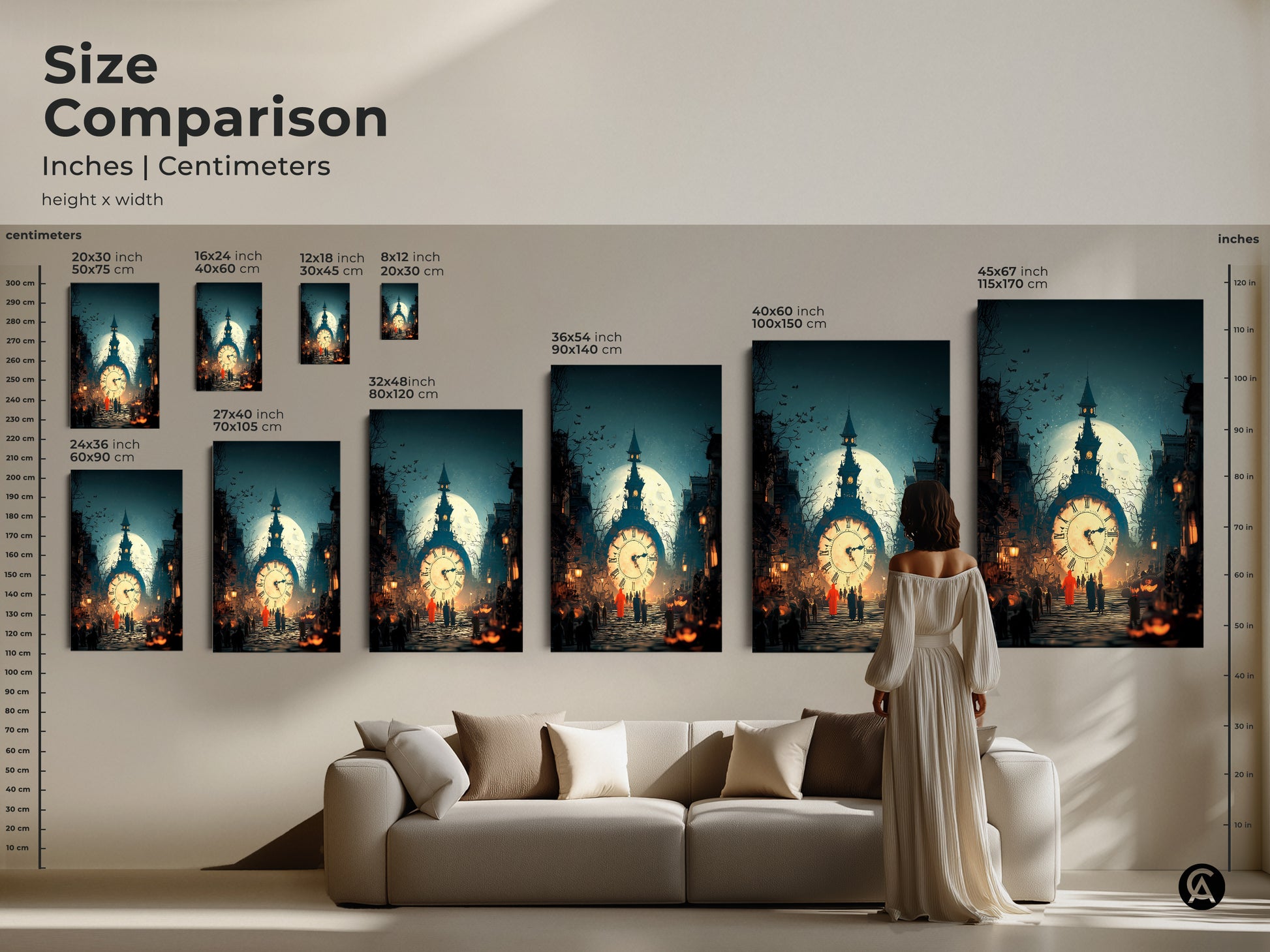 Size comparison of Gothic Clock Tower Art. See inches and centimeters. The surreal street scene artwork sizes vary. The haunted clock tower painting is a great gift idea. This gothic wall decor features a midnight moon and dark academia style.
