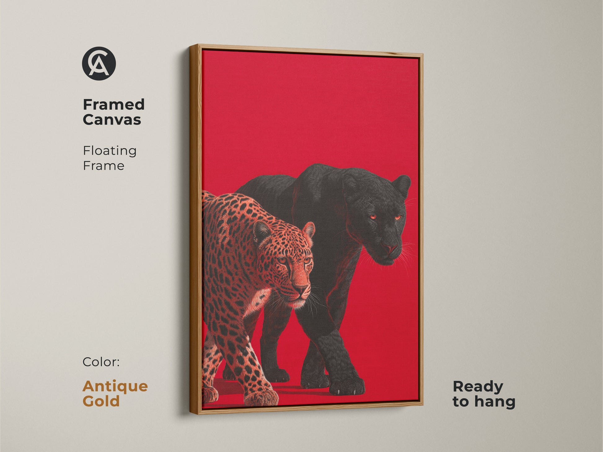 The framed canvas features an antique gold floating frame. The artwork shows a leopard and black panther in a dynamic composition. Ready to hang this wildlife art brings a touch of luxury. The piece is a timeless addition to your collection.