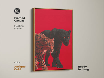The framed canvas features an antique gold floating frame. The artwork shows a leopard and black panther in a dynamic composition. Ready to hang this wildlife art brings a touch of luxury. The piece is a timeless addition to your collection.