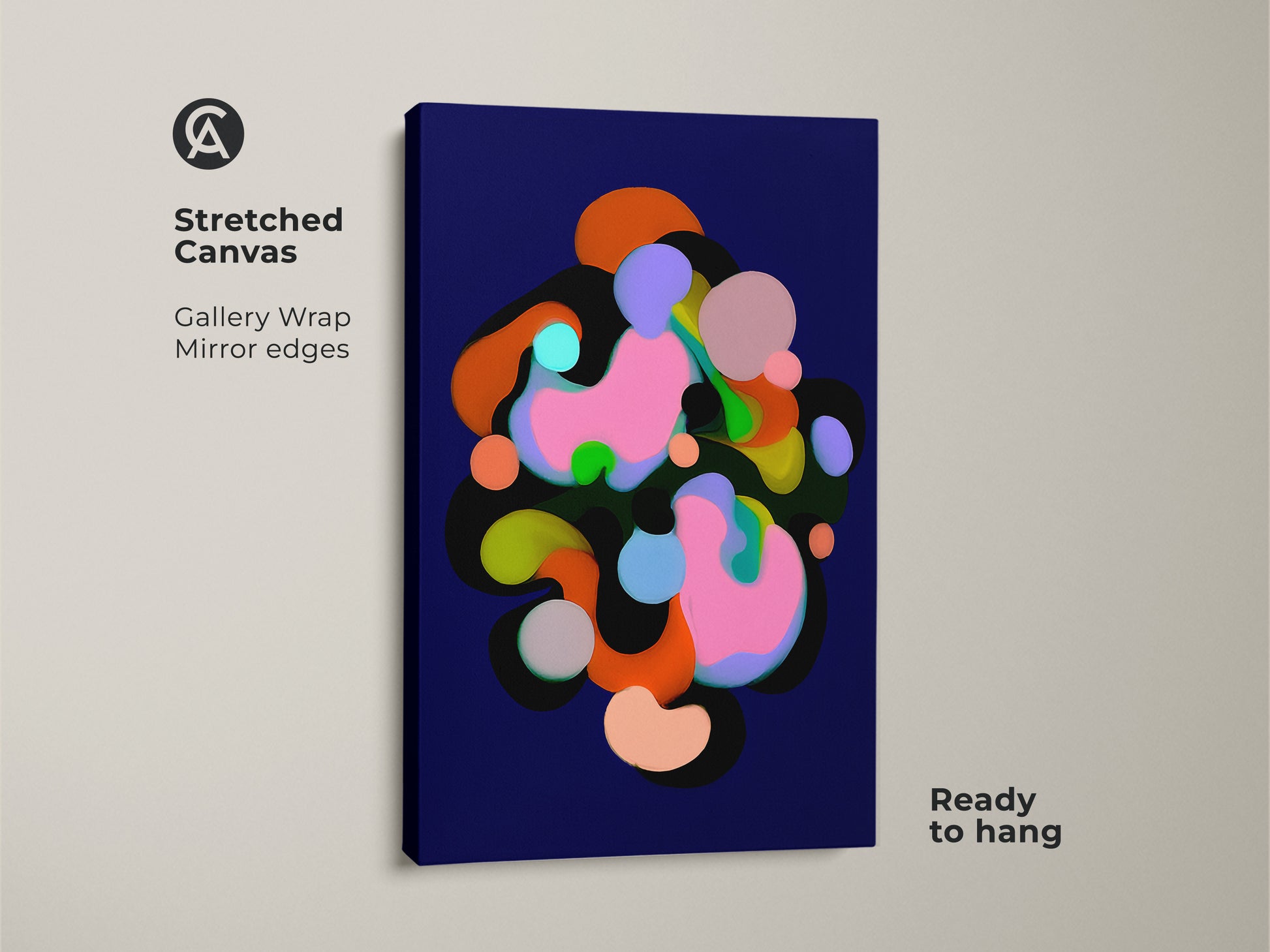 A stretched canvas gallery wrap featuring abstract art with mirror edges. The modern artwork showcases geometric and organic shapes in vibrant colors like indigo pink and green. Ready to hang this piece adds a touch of contemporary style to any room.