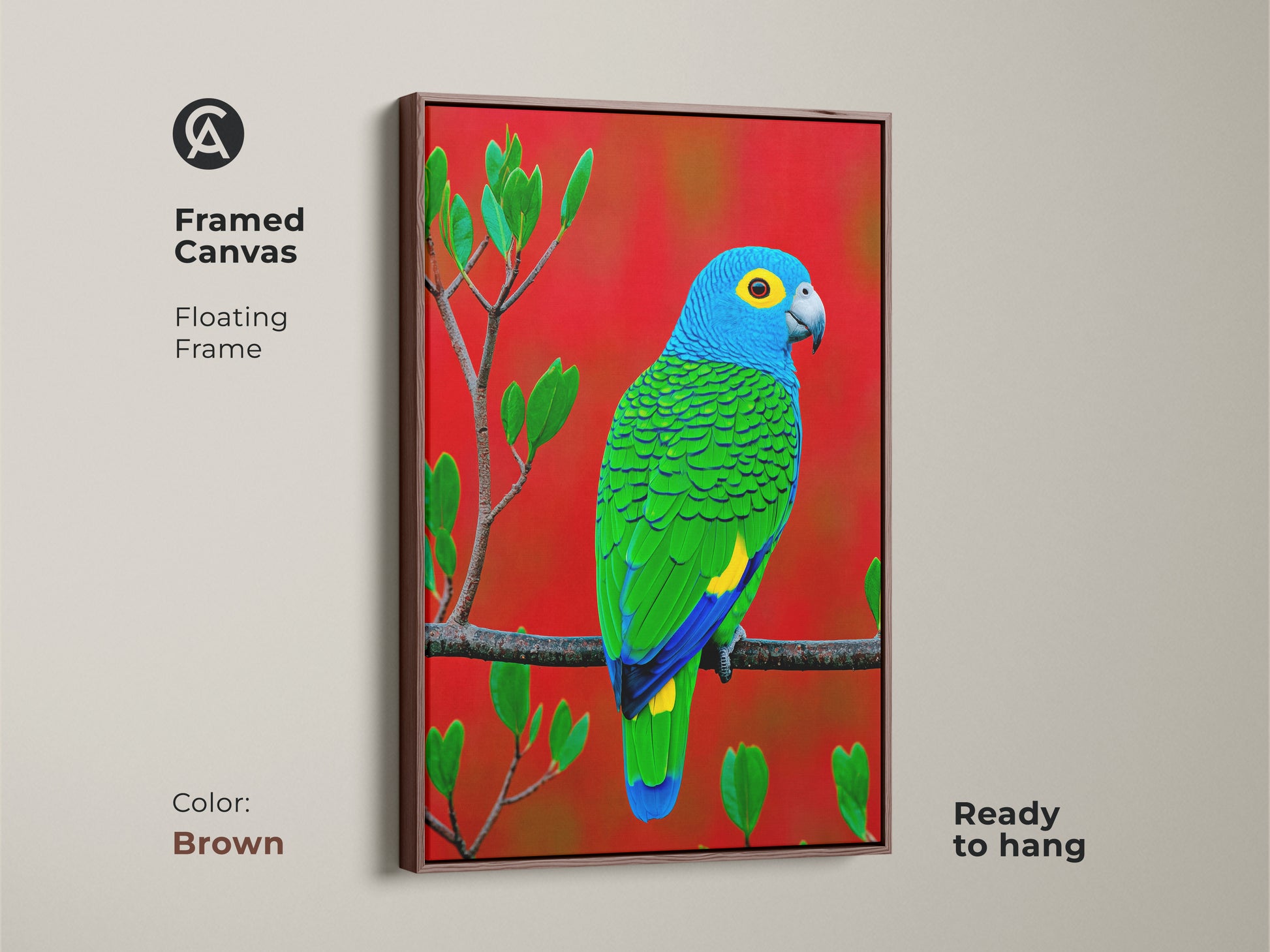 Encased in a brown floating frame this canvas print features a vibrant blue green parrot. Perfect for adding a touch of nature to your space. The artwork captures the beauty of exotic wildlife a great gift for birdwatching enthusiasts.
