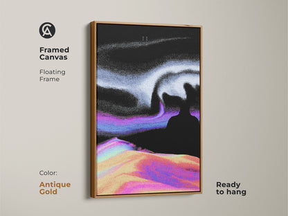 Framed canvas with an antique gold floating frame displaying abstract glitch art. The surreal landscape canvas showcases vaporwave digital artwork. This modern abstract print is perfect for eclectic home art. Ready to hang this piece adds a unique touch to any room.