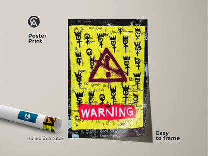 Urban street art poster print rolled in a tube. The yellow street art canvas features black stick figures and a red warning sign. This neo-expressionism wall art is easy to frame. Ideal as a street style poster or a unique art print for a studio. Great housewarming art gift.