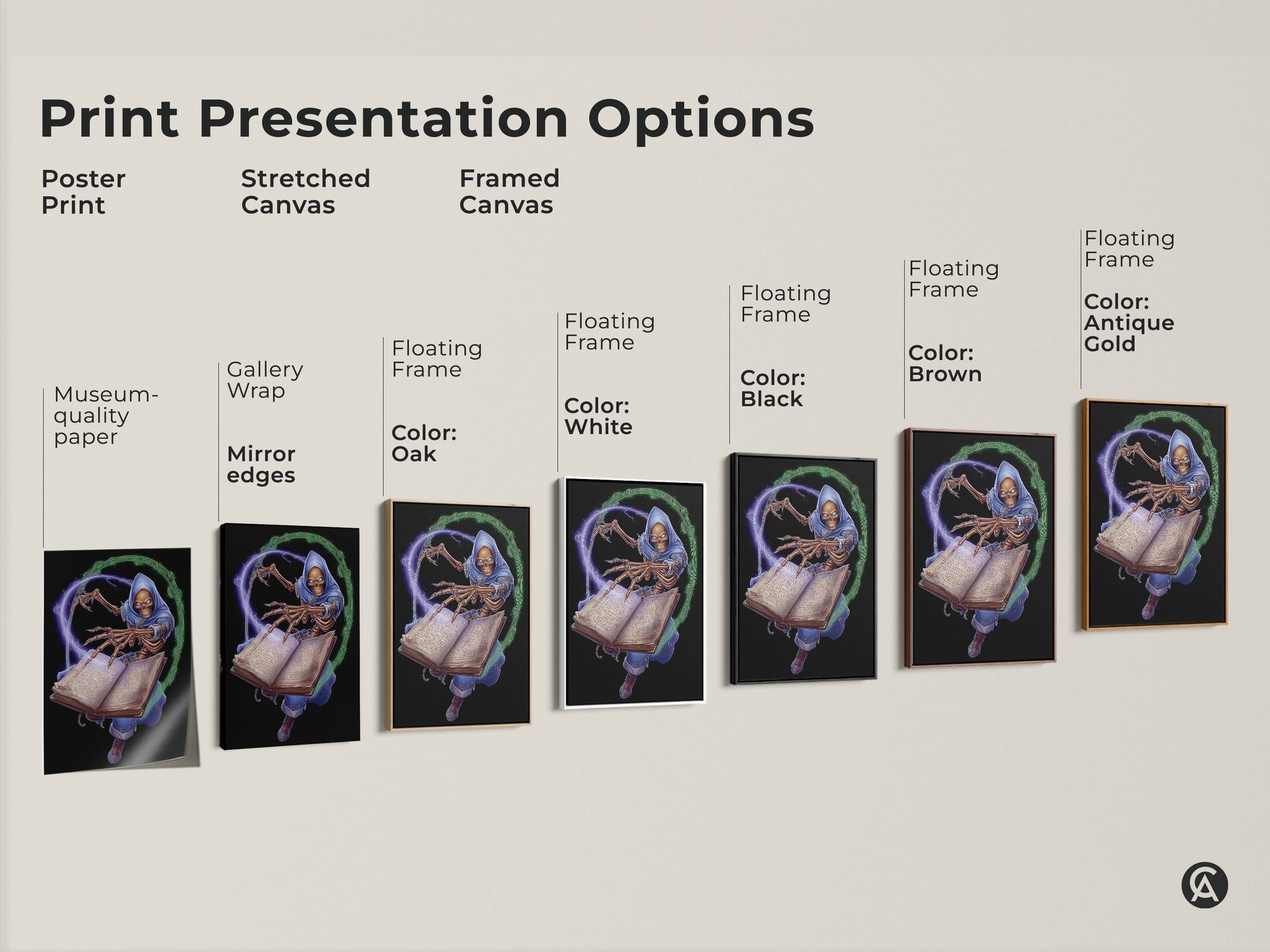 Print presentation options for the Skeleton Wizard art. Choose between a poster print stretched canvas or framed canvas. Colors include white black brown oak and antique gold. Find museum quality paper and mirror edges.