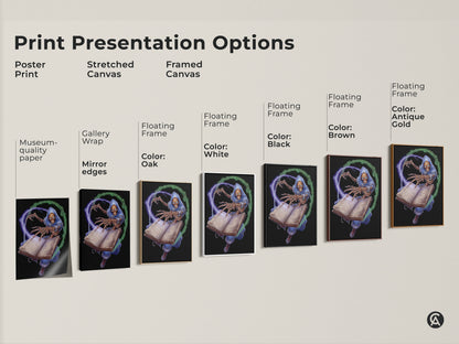 Print presentation options for the Skeleton Wizard art. Choose between a poster print stretched canvas or framed canvas. Colors include white black brown oak and antique gold. Find museum quality paper and mirror edges.