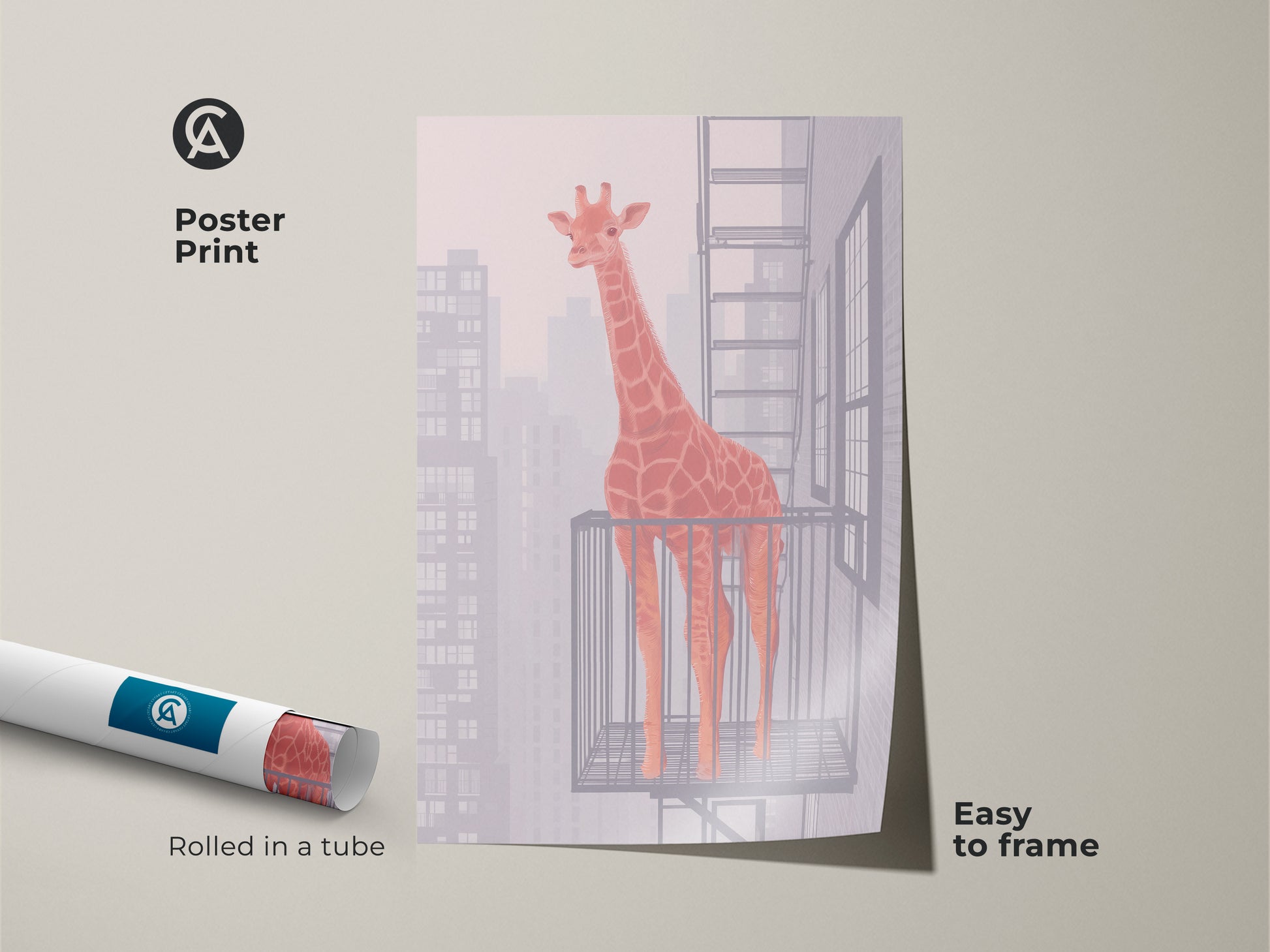 Poster print showcases abstract giraffe artwork against a hazy cityscape backdrop. Easy to frame urban jungle wall decor is perfect for apartment wall art. Rolled in a tube for protection.