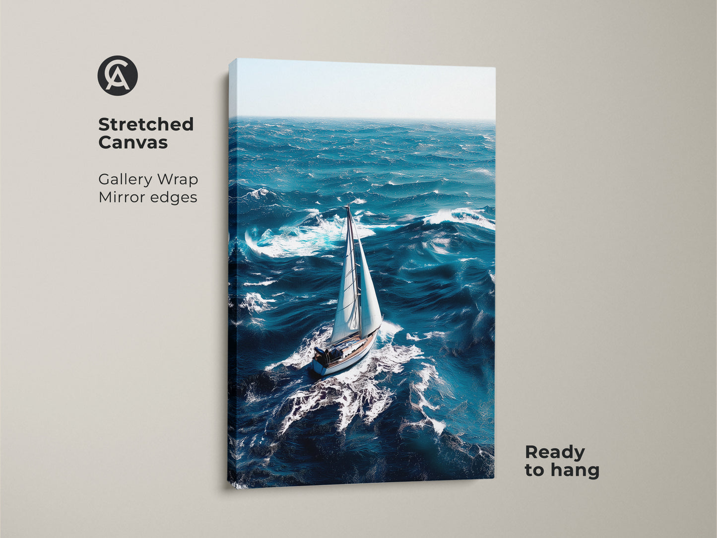 This stretched canvas art presents a sailboat navigating ocean waves. The nautical sailboat art print is ready to hang with gallery wrapped edges. Perfect as nautical home decor or a coastal living room art piece. It is also a great housewarming gift for a sailor.