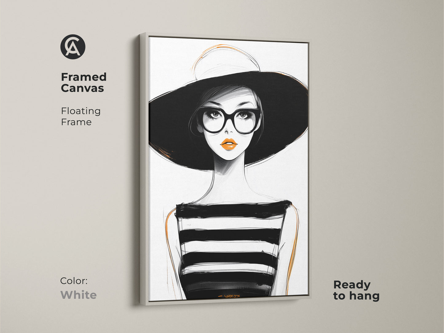 Framed canvas artwork displaying a minimalist woman portrait. The white floating frame offers a clean look. This black white and orange art is ready to hang. A chic addition to any minimalist office.