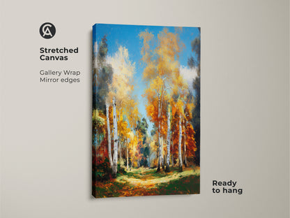 Stretched canvas art featuring a birch tree forest. The gallery wrap and mirror edges provide a modern look. This ready-to-hang artwork brings nature indoors. The vibrant colors and detailed brushstrokes make it a stunning focal point. This piece enhances any room.