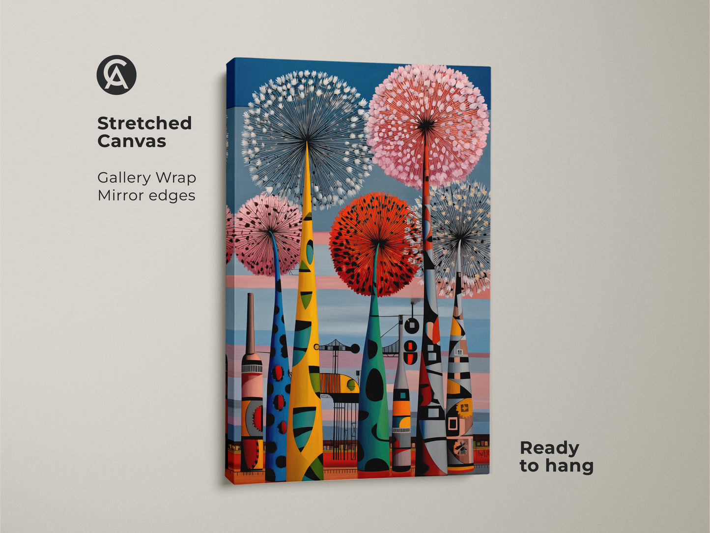 Stretched canvas of a mid-century modern art print. The gallery wrap has mirrored edges & is ready to hang. This retro botanical print is colorful with blue red & pink. It adds character to any space.