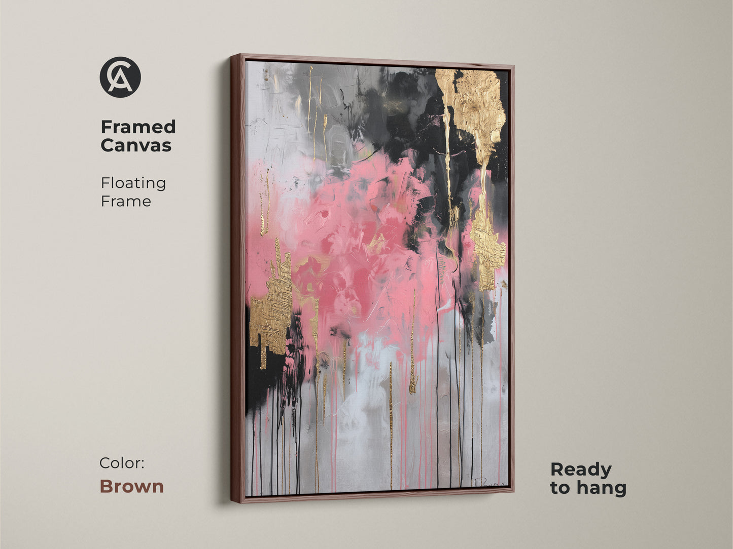 Framed canvas showcasing pink black and gold leaf abstract art with a floating brown frame. Ready to hang this contemporary painting brings texture and color to any room. The modern abstract style makes it a perfect addition to eclectic decor. A unique gift for art lovers this artwork enhances your home office. Add a touch of sophistication to your walls.