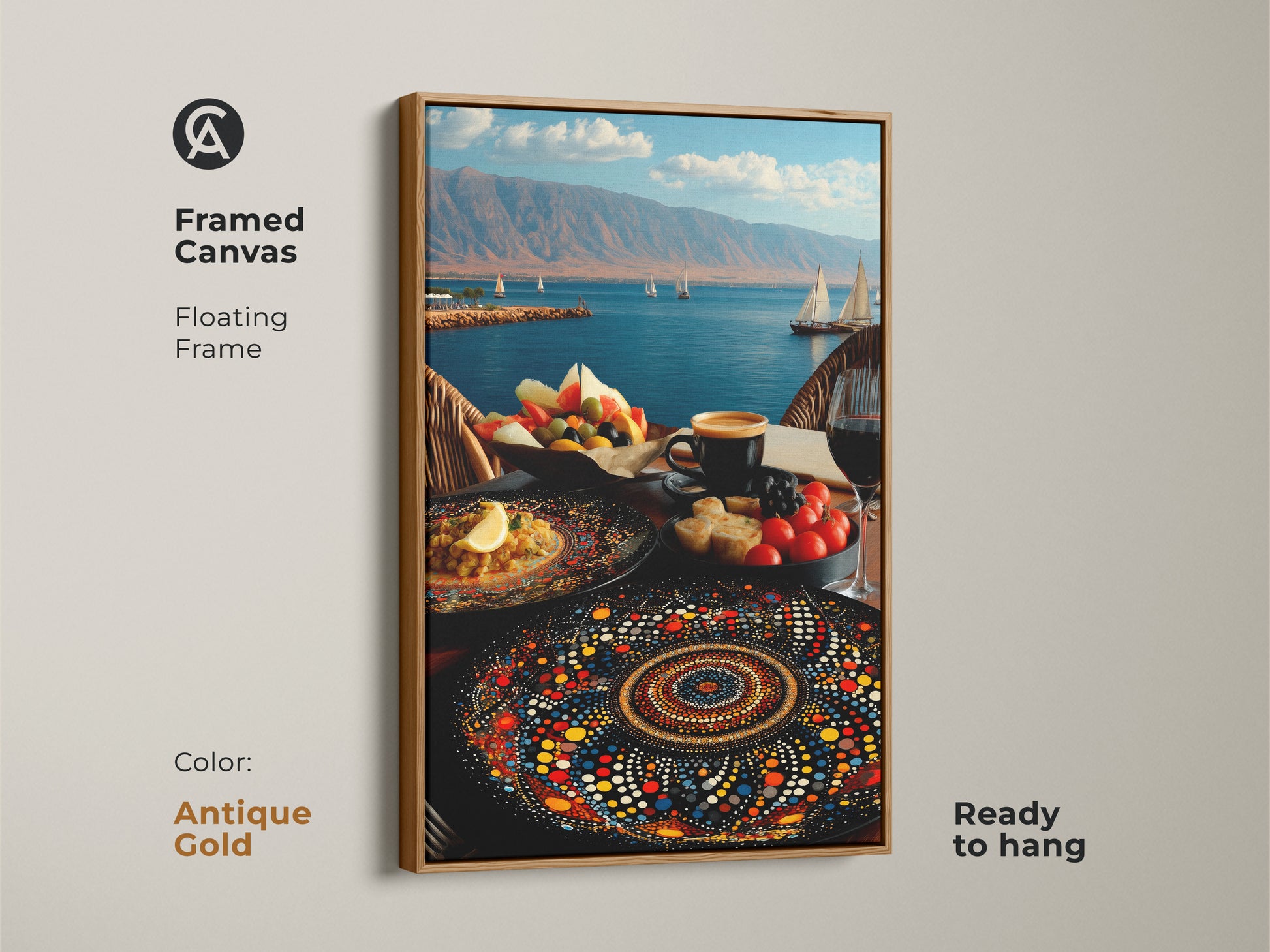 Framed canvas displays a Mediterranean seascape with folk art style. Floating frame adds a unique touch to this art. Sailboats and a fruit platter create an inviting food scene. Red blue terracotta art enhances boho kitchen walls. Arrives ready to hang