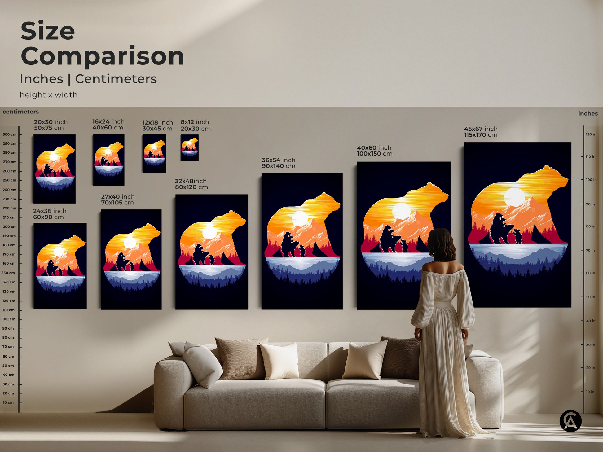 Compare sizes of bear family art prints displayed above a sofa. Options range from 20x30 cm to 45x67 inch for this rustic silhouette art. Find the ideal scale to enhance your home decor. The mountain sunset canvas print adds a touch of nature indoors.