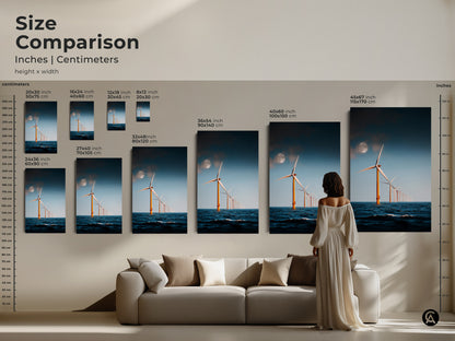 Size Comparison of Moonlit Ocean Wind Turbine Art. See how different sizes fit above a sofa. Modern minimalist seascape art featuring offshore wind turbines under a moonlit sky. Select the perfect scale for your eco-friendly home decor.