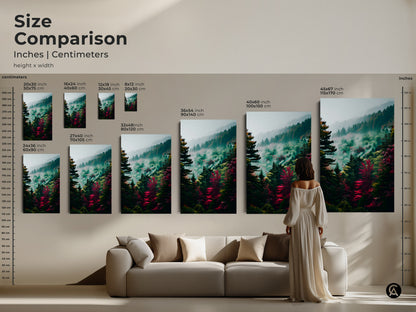 Size comparison of forest art prints in inches and centimeters. See how different sizes of canvas and poster prints look in a living room. Find the perfect fit for your home decor.