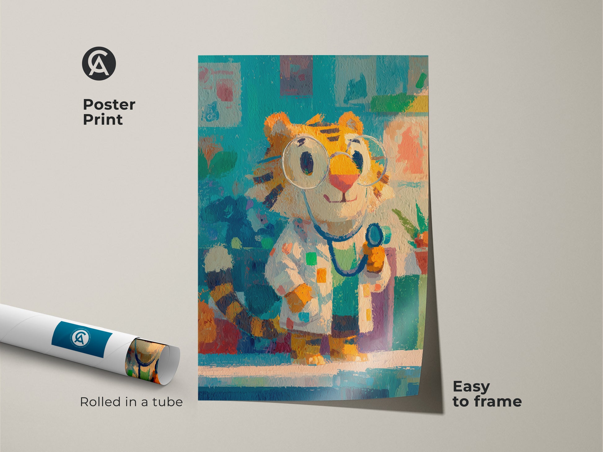 Poster print showcasing a cute tiger doctor character. This easy-to-frame art is rolled in a tube for protection. A delightful addition to nurseries or playrooms. This artwork brings joy and color.