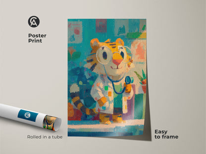 Poster print showcasing a cute tiger doctor character. This easy-to-frame art is rolled in a tube for protection. A delightful addition to nurseries or playrooms. This artwork brings joy and color.