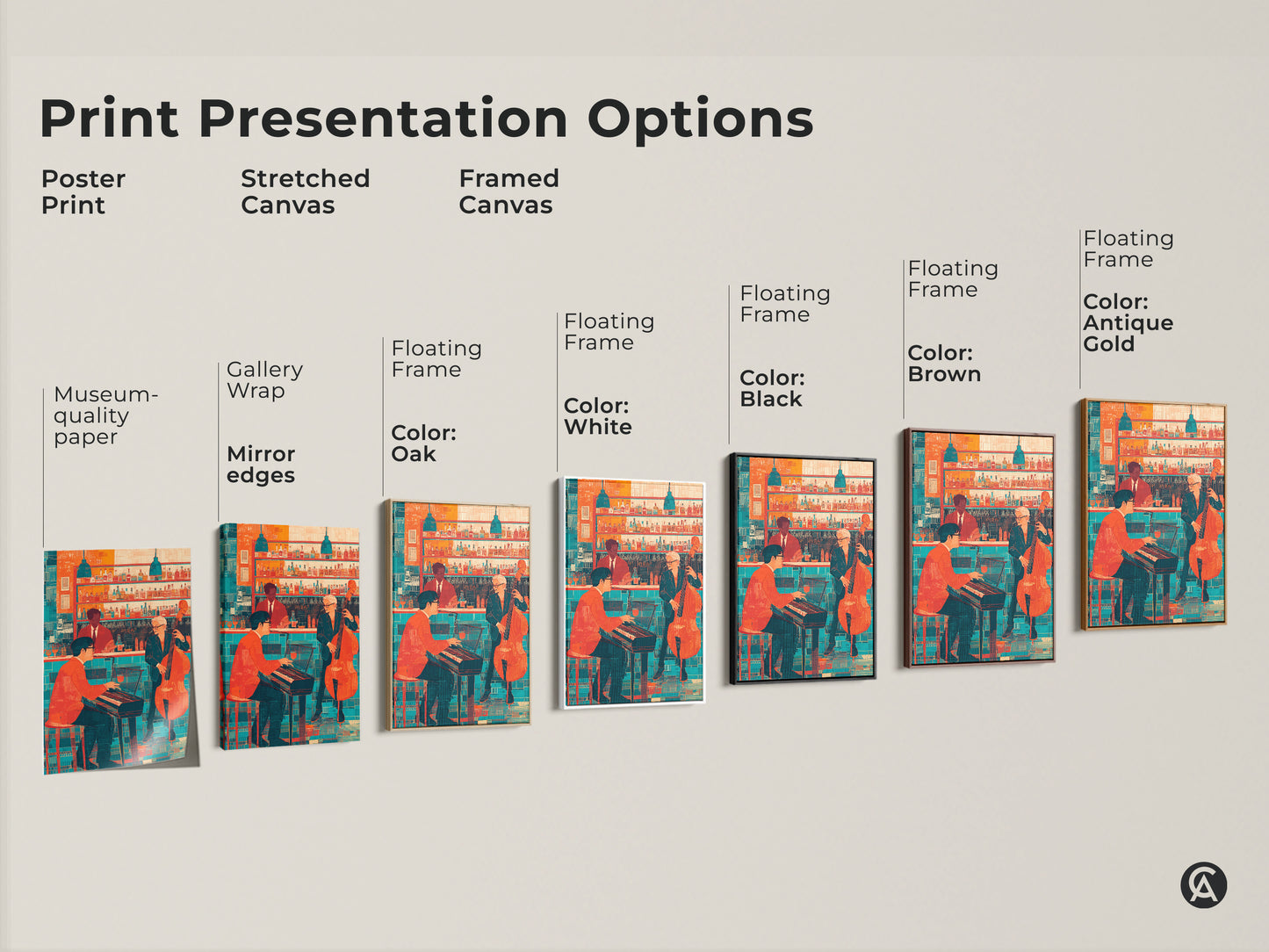 Print presentation options showing poster print stretched canvas and framed canvas. The artwork is an orange teal retro jazz bar scene. It has a pianist and double bass player. Museum-quality paper gallery wrap and floating frames are available.
