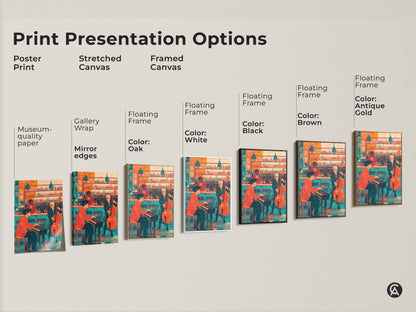 Print presentation options showing poster print stretched canvas and framed canvas. The artwork is an orange teal retro jazz bar scene. It has a pianist and double bass player. Museum-quality paper gallery wrap and floating frames are available.