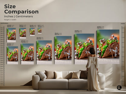 Size comparison of the chef and taco artwork in inches and centimeters. Visualize how different sizes fit above a sofa. The artwork is available as canvas or poster prints. Find the ideal size to enhance your living space with this fun piece.