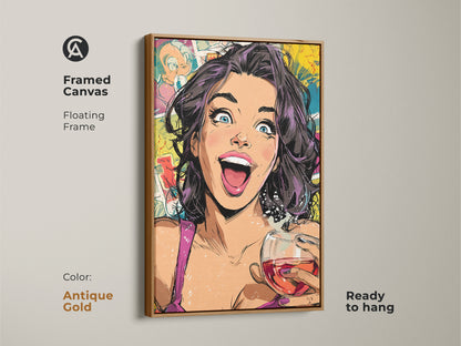 Antique gold framed canvas print displaying woman with wine glass. This quirky wall hanging is ready to hang. Featuring vibrant pop art in yellow pink and teal this artwork is perfect for eclectic homes and wine lovers.