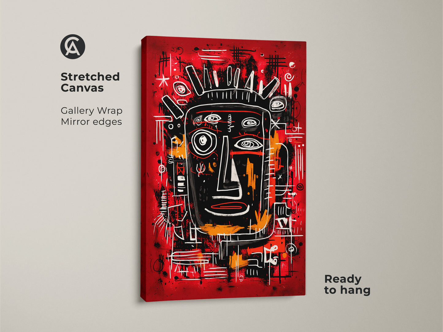 A stretched canvas print featuring an abstract face. The gallery wrap has mirrored edges. The artwork is ready to hang. The vibrant red background and bold black lines make a striking visual impact.